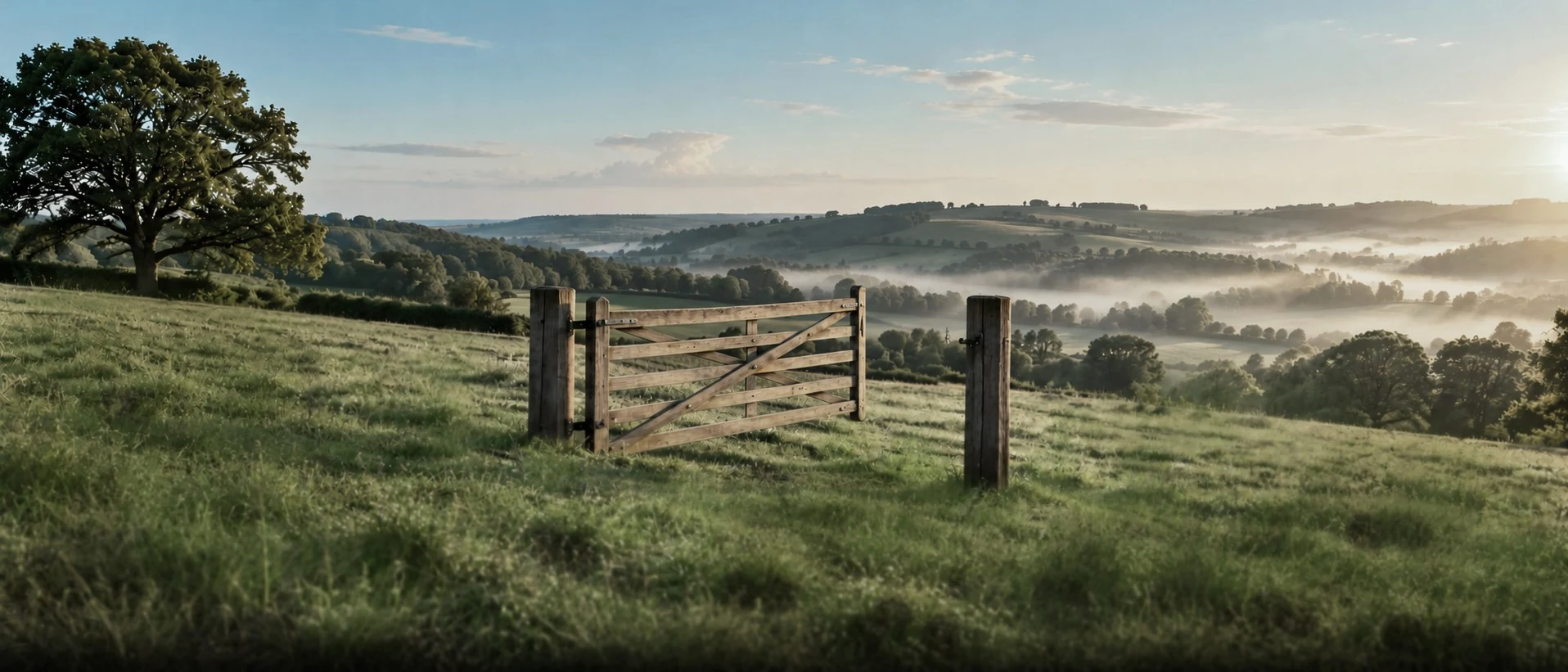 A wooden field gate on a grassy hillside, looking out over misty rolling countryside at sunrise