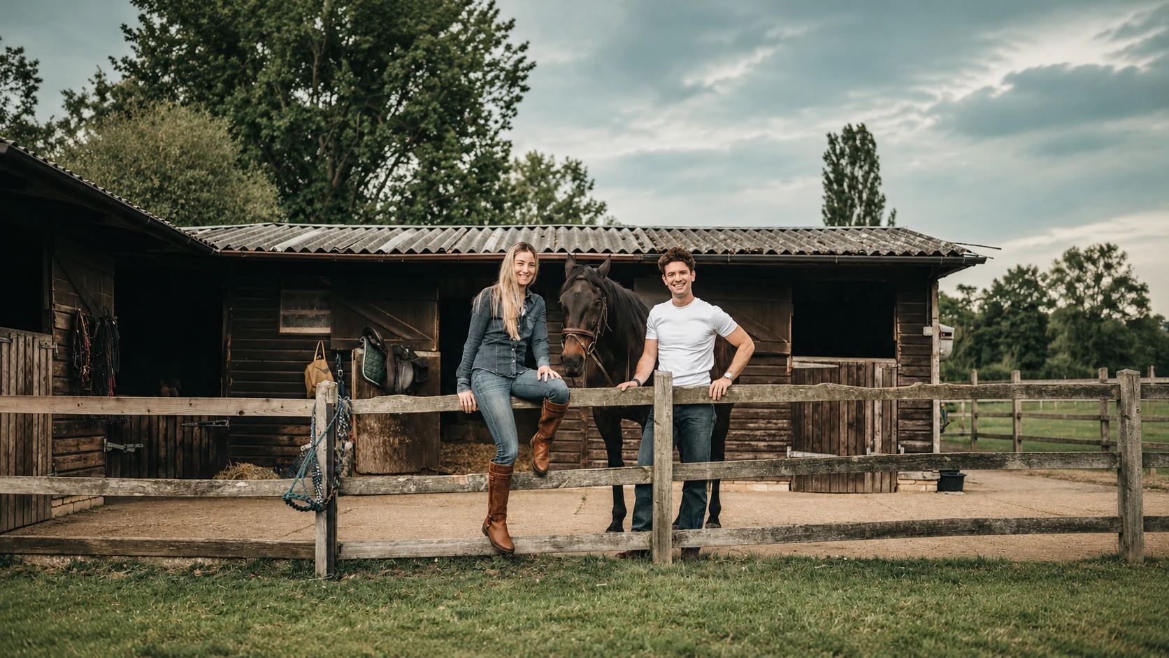 Audrey Kohli and Robin Cassidy at a wooden fence in front of the stables, with a dark bay horse