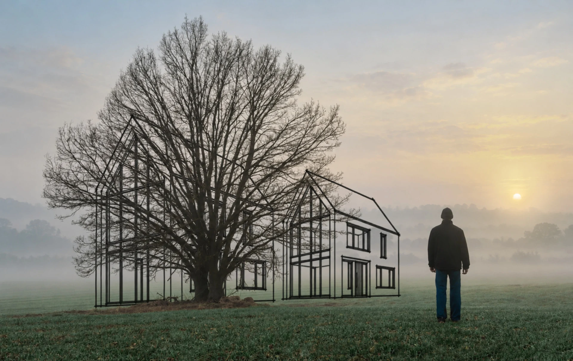 A man standing in a misty field at sunrise, looking at a line drawing of a house sketched beside a large oak tree